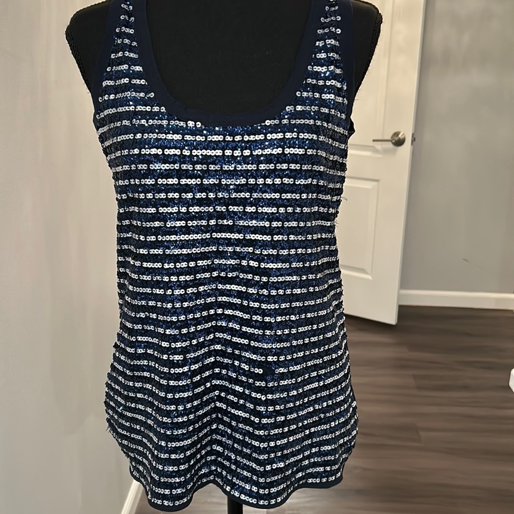Navy blue and silver sequined cotton tank top - size S